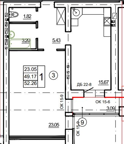Продаётся 1-комнатная квартира, 52.26 м²