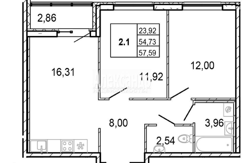 Продаётся 2-комнатная квартира, 53.8 м²