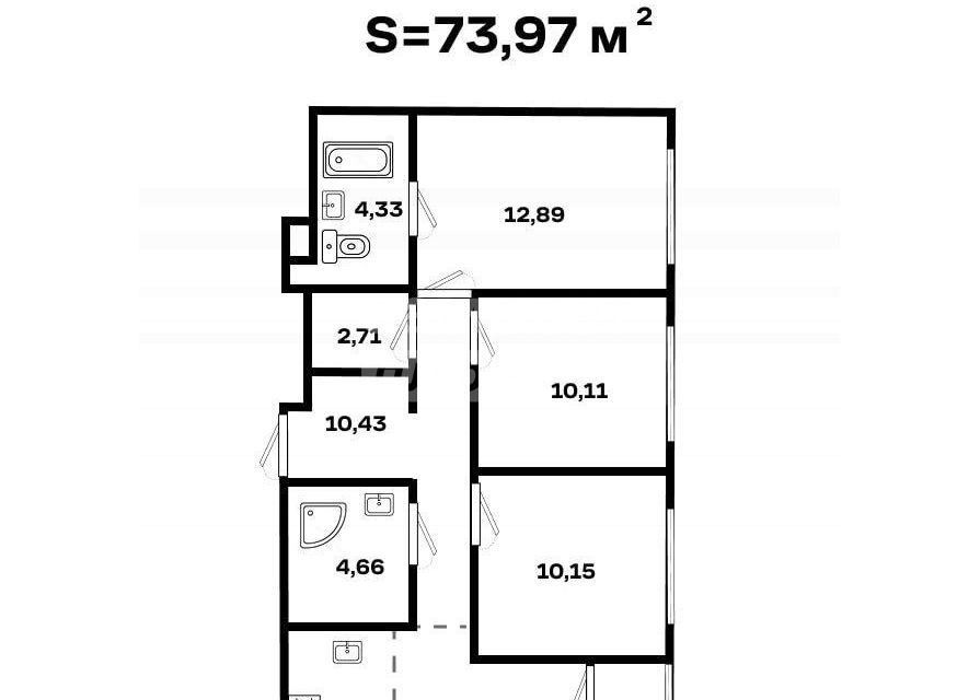 Продаётся 3-комнатная квартира, 73.97 м²