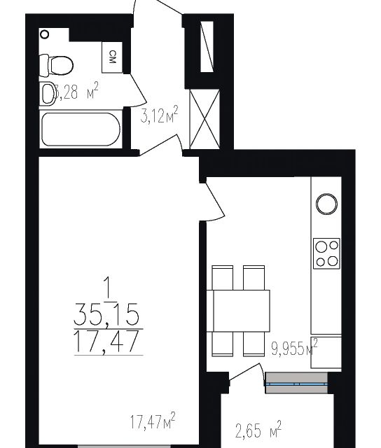 Продаётся 1-комнатная квартира, 35.15 м²