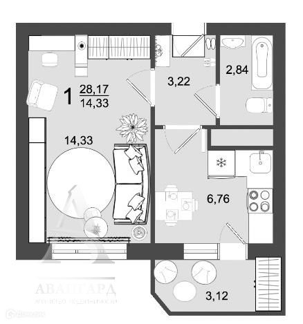 Продаётся 1-комнатная квартира, 28 м²