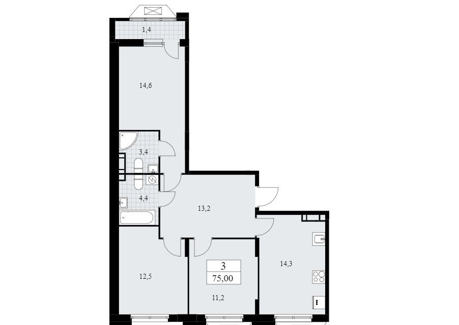 Продаётся 3-комнатная квартира, 75 м²