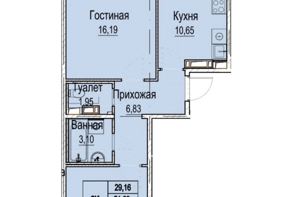 Продаётся 2-комнатная квартира, 53.38 м²