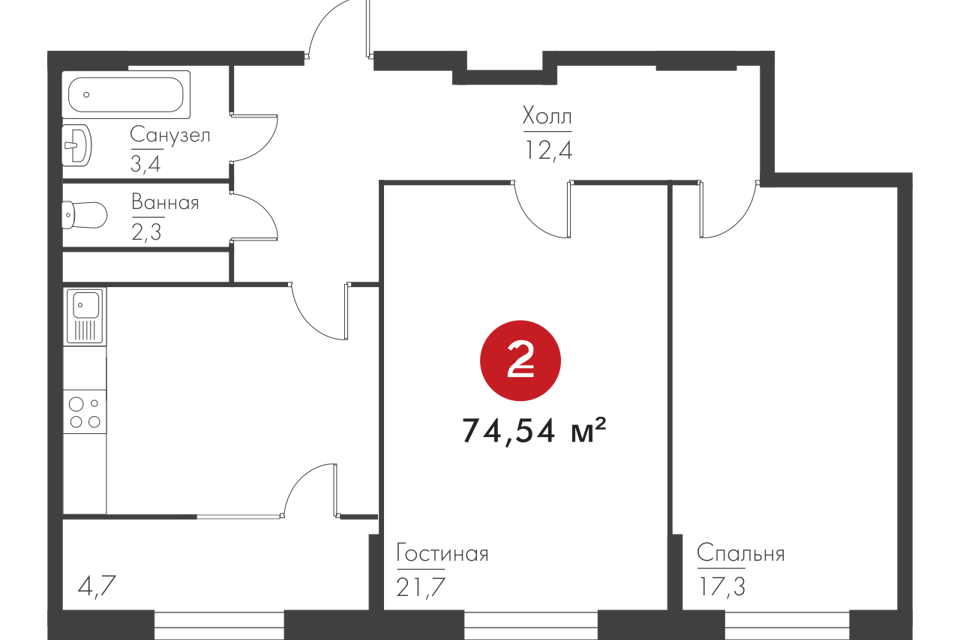 Продаётся 2-комнатная квартира, 75.2 м²