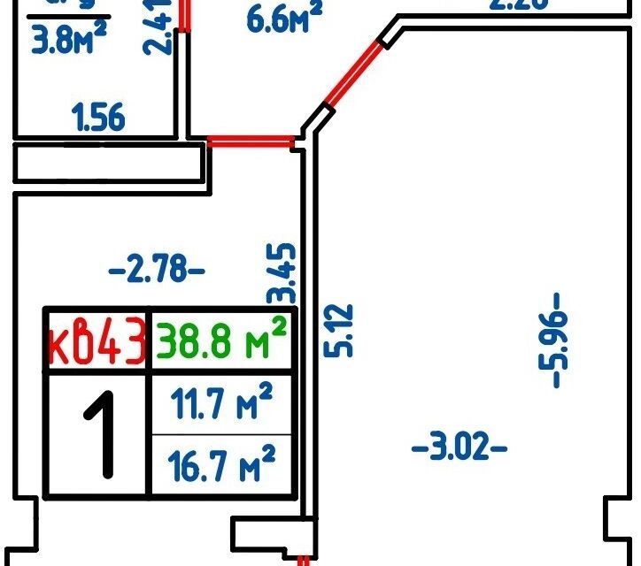 Продаётся 1-комнатная квартира, 38.8 м²