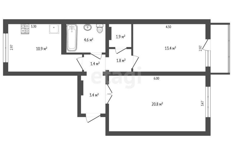 Продаётся 2-комнатная квартира, 60 м²