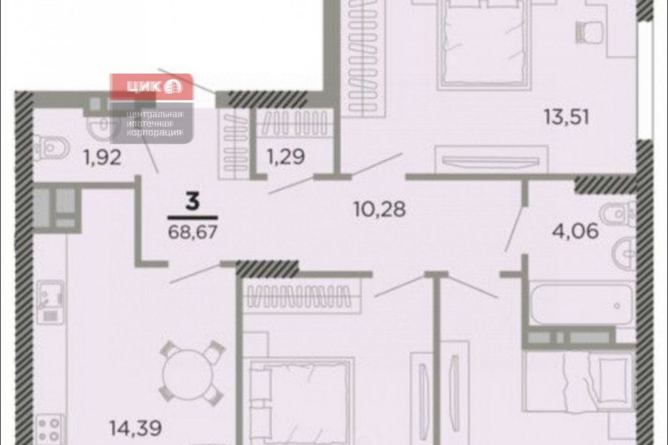 Продаётся 3-комнатная квартира, 69 м²