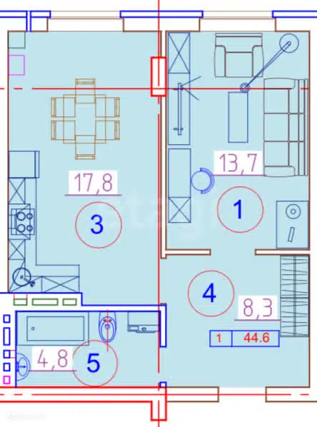 Продаётся 1-комнатная квартира, 44 м²