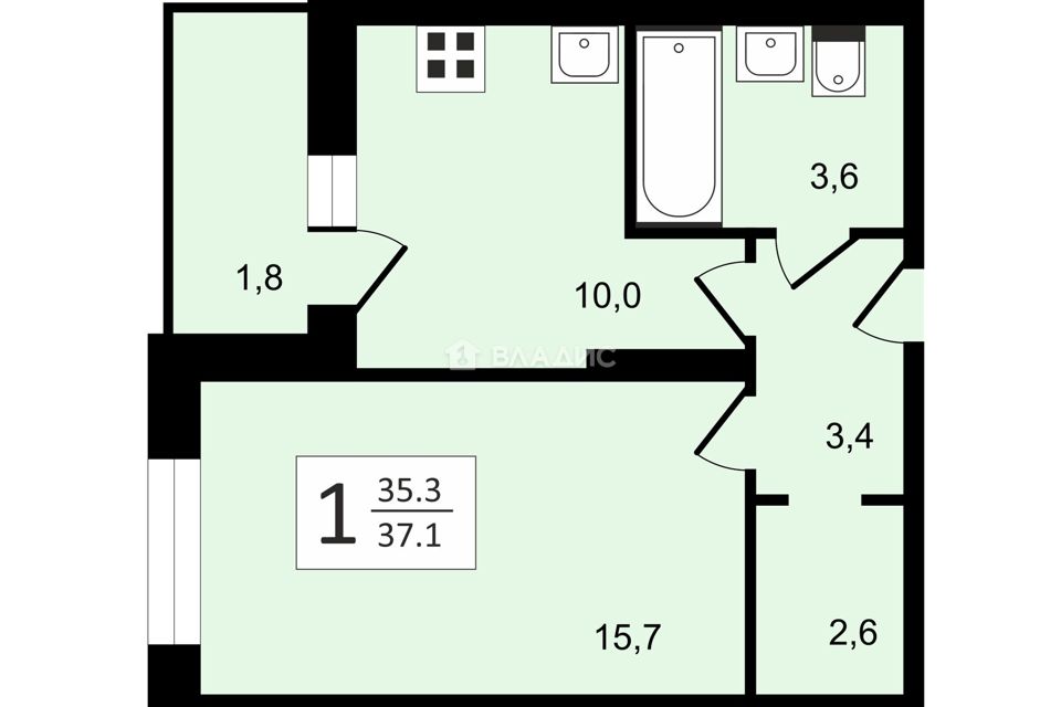 Продаётся 1-комнатная квартира, 37 м²