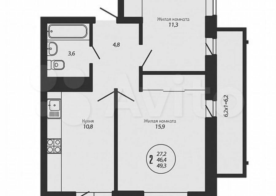 Продаётся 2-комнатная квартира, 48 м²