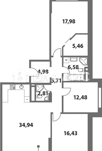 Продаётся 3-комнатная квартира, 75.6 м²