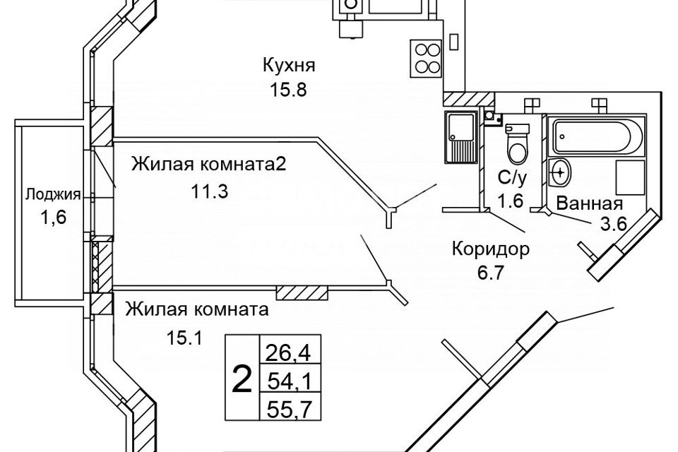 Продаётся 2-комнатная квартира, 55.7 м²