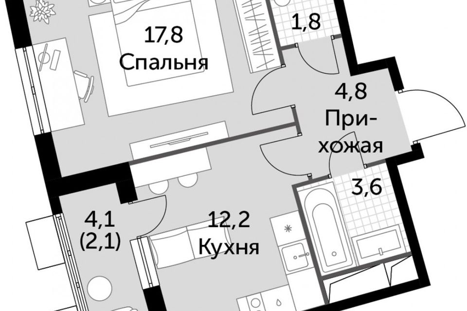 Продаётся 1-комнатная квартира, 42.3 м²