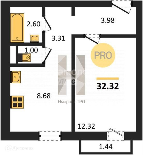 Продаётся 1-комнатная квартира, 40.6 м²