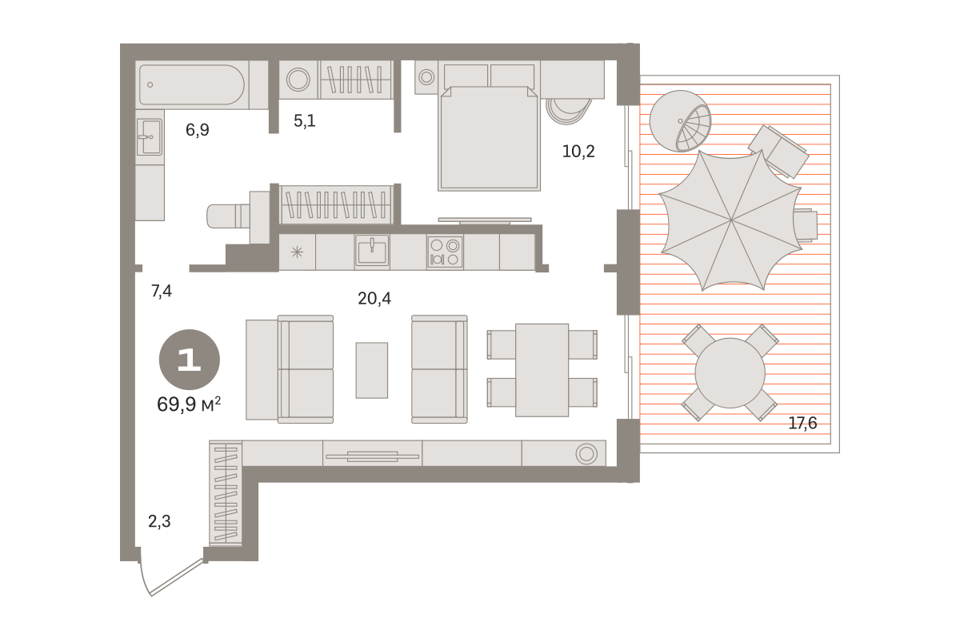 Продаётся 1-комнатная квартира, 69.9 м²