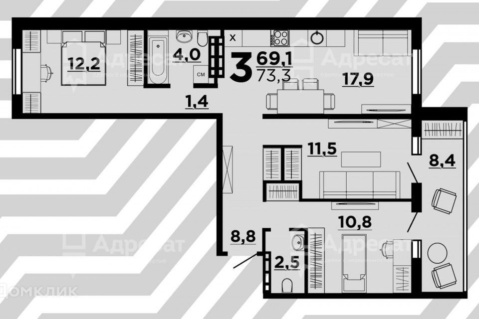 Продаётся 3-комнатная квартира, 73.3 м²