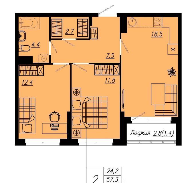 Продаётся 2-комнатная квартира, 56.1 м²
