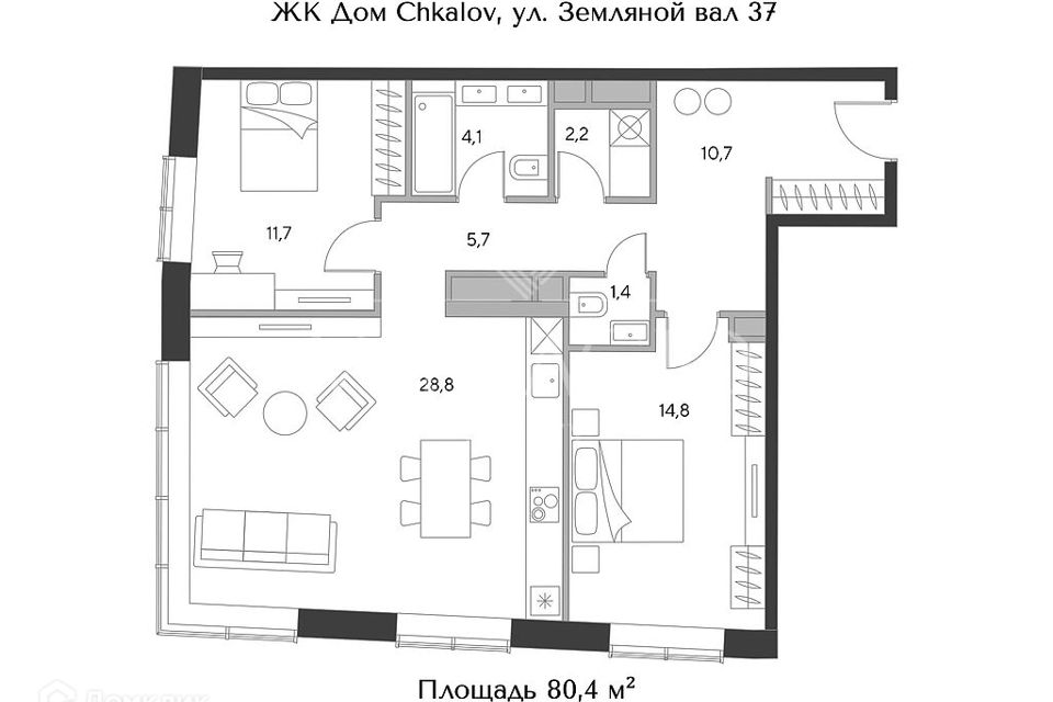 Продаётся 2-комнатная квартира, 80.4 м²