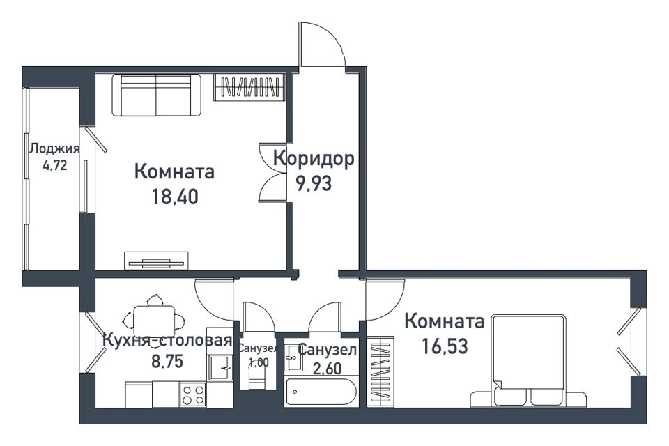 Продаётся 2-комнатная квартира, 56.9 м²
