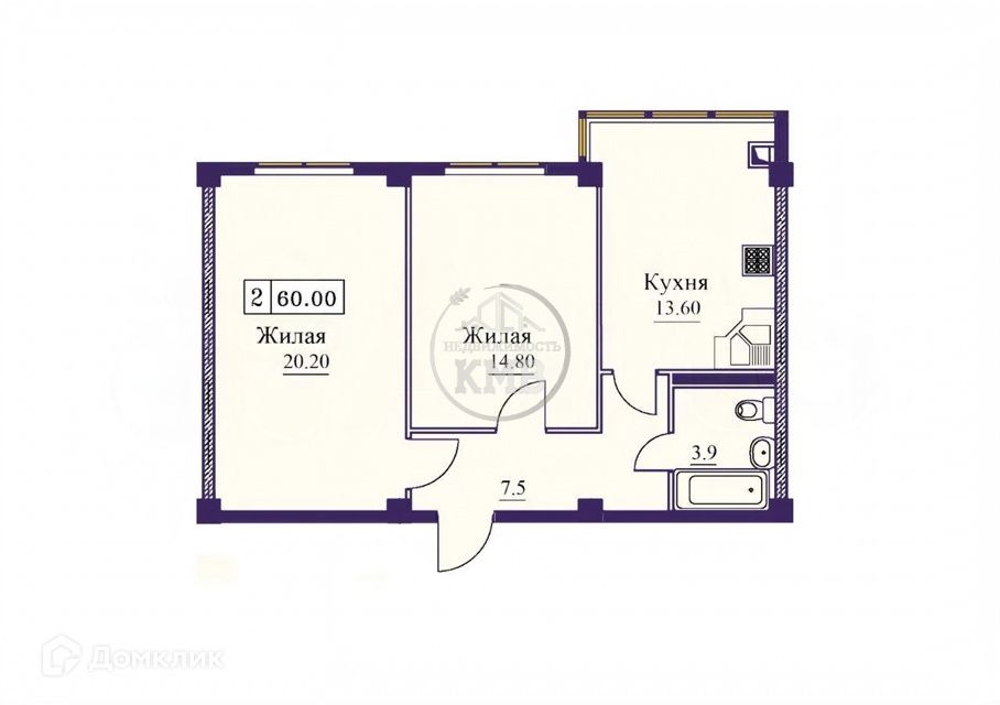 Продаётся 2-комнатная квартира, 60 м²