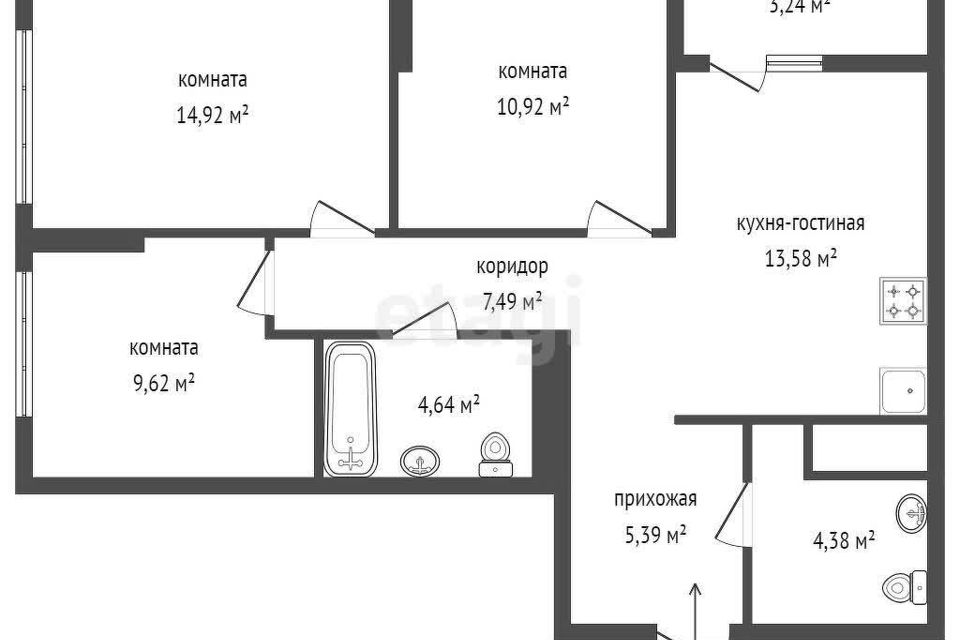 Продаётся 3-комнатная квартира, 72.6 м²
