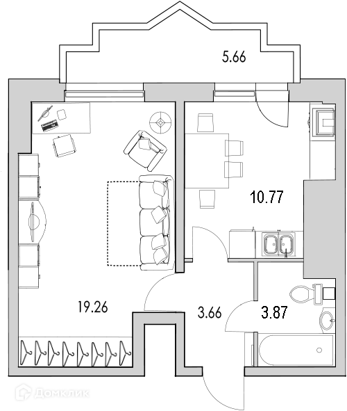 Продаётся 1-комнатная квартира, 46.2 м²