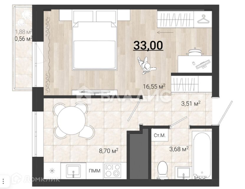 Продаётся 1-комнатная квартира, 33 м²