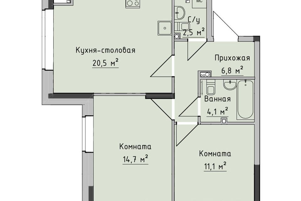 Продаётся 2-комнатная квартира, 59.8 м²