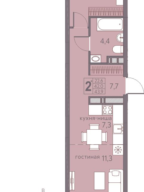 Продаётся 2-комнатная квартира, 43.9 м²