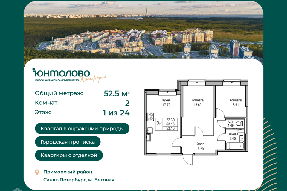 Продаётся 2-комнатная квартира, 52.5 м²