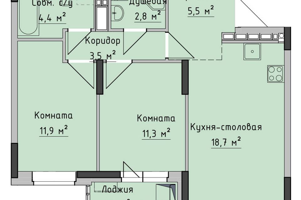 Продаётся 2-комнатная квартира, 59.8 м²