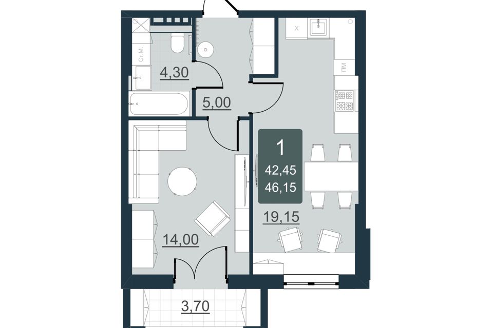 Продаётся 1-комнатная квартира, 42.45 м²