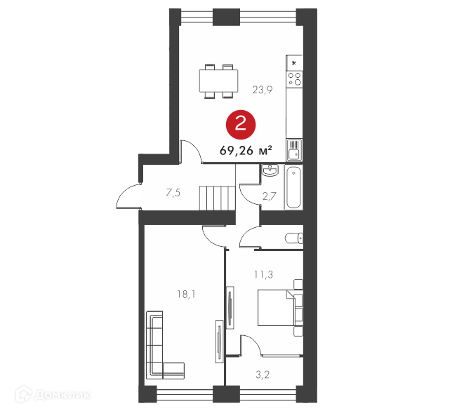 Продаётся 2-комнатная квартира, 69.3 м²