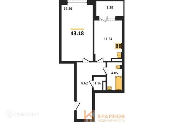 Продаётся 1-комнатная квартира, 43.18 м²