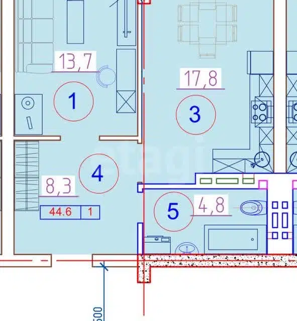 Продаётся 1-комнатная квартира, 45 м²