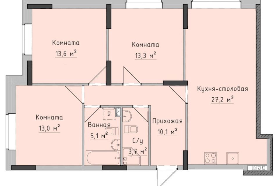 Продаётся 3-комнатная квартира, 85.9 м²