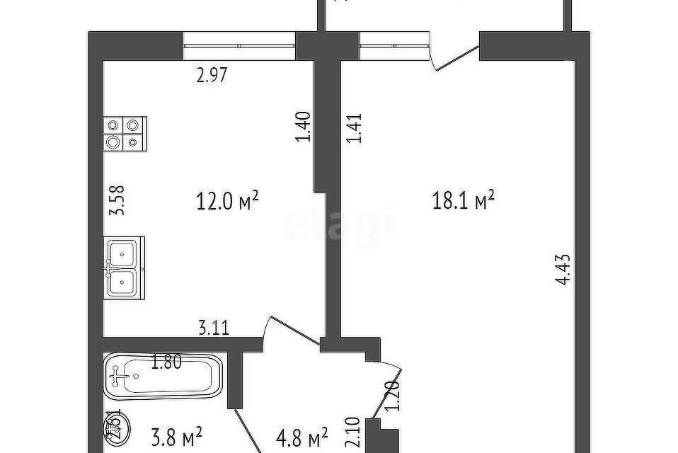 Продаётся 1-комнатная квартира, 39.4 м²