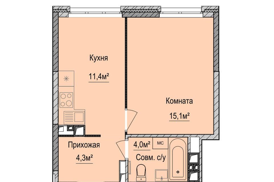 Продаётся 1-комнатная квартира, 34.8 м²