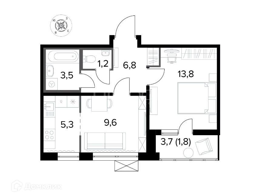 Продаётся 2-комнатная квартира, 42 м²