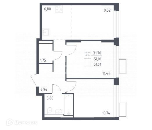 Продаётся 2-комнатная квартира, 51.01 м²