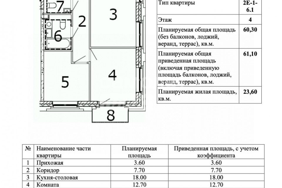 Продаётся 2-комнатная квартира, 61.1 м²