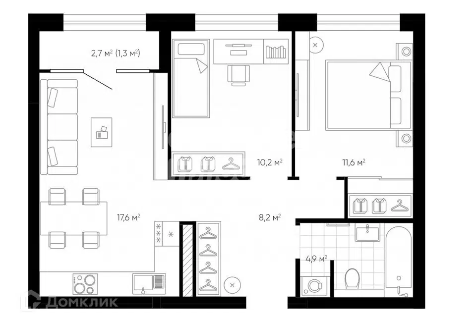 Продаётся 2-комнатная квартира, 54.05 м²