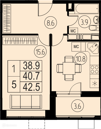 Продаётся 1-комнатная квартира, 40.7 м²