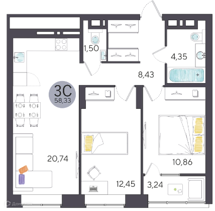 Продаётся 3-комнатная квартира, 58.33 м²