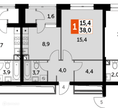 Продаётся 1-комнатная квартира, 37.9 м²