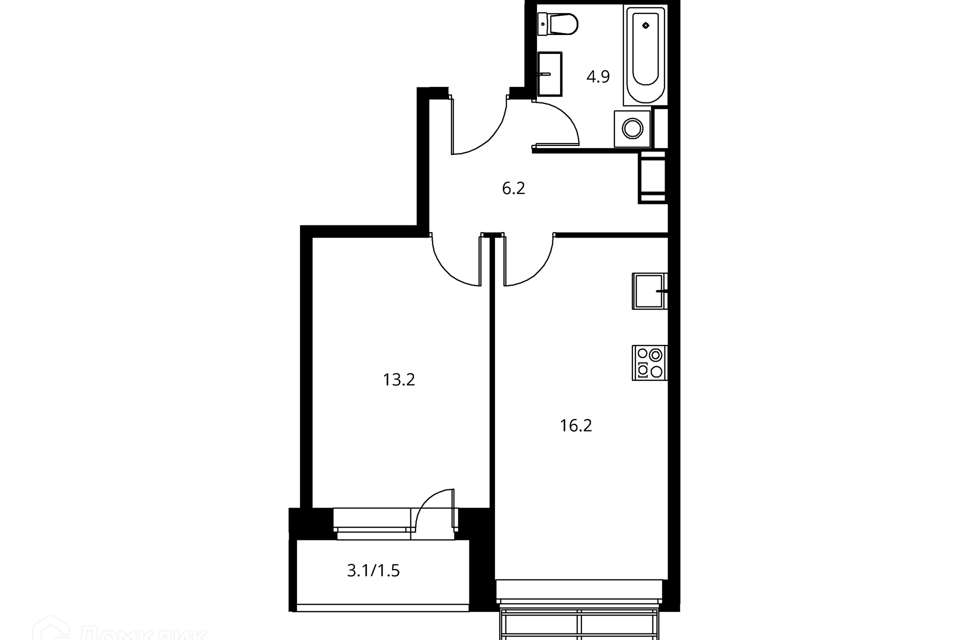 Продаётся 1-комнатная квартира, 43 м²