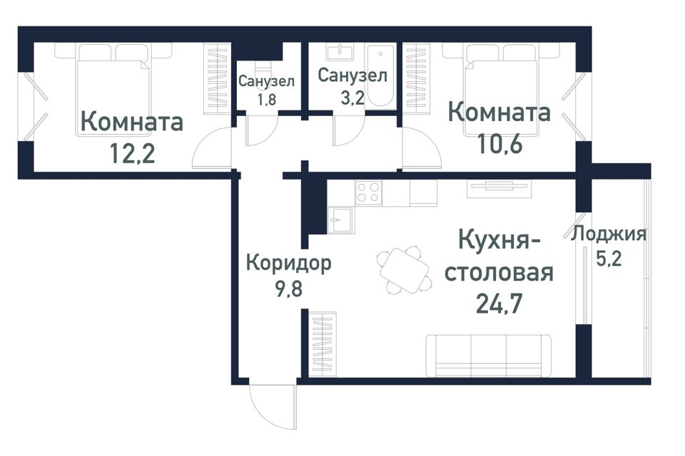 Продаётся 2-комнатная квартира, 62.22 м²