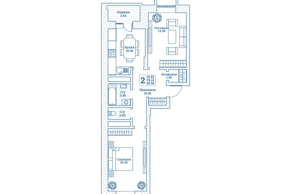 Продаётся 2-комнатная квартира, 61.3 м²