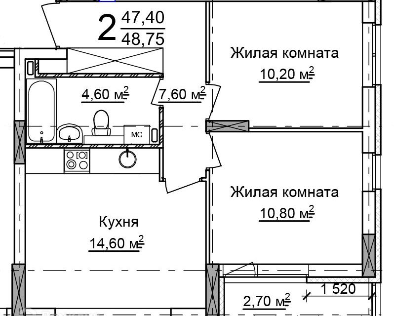 Продаётся 2-комнатная квартира, 48.75 м²