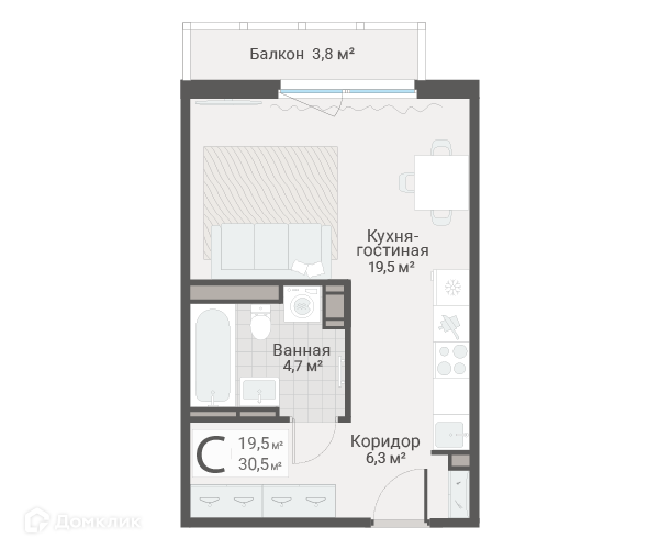 Продаётся студия, 30.5 м²